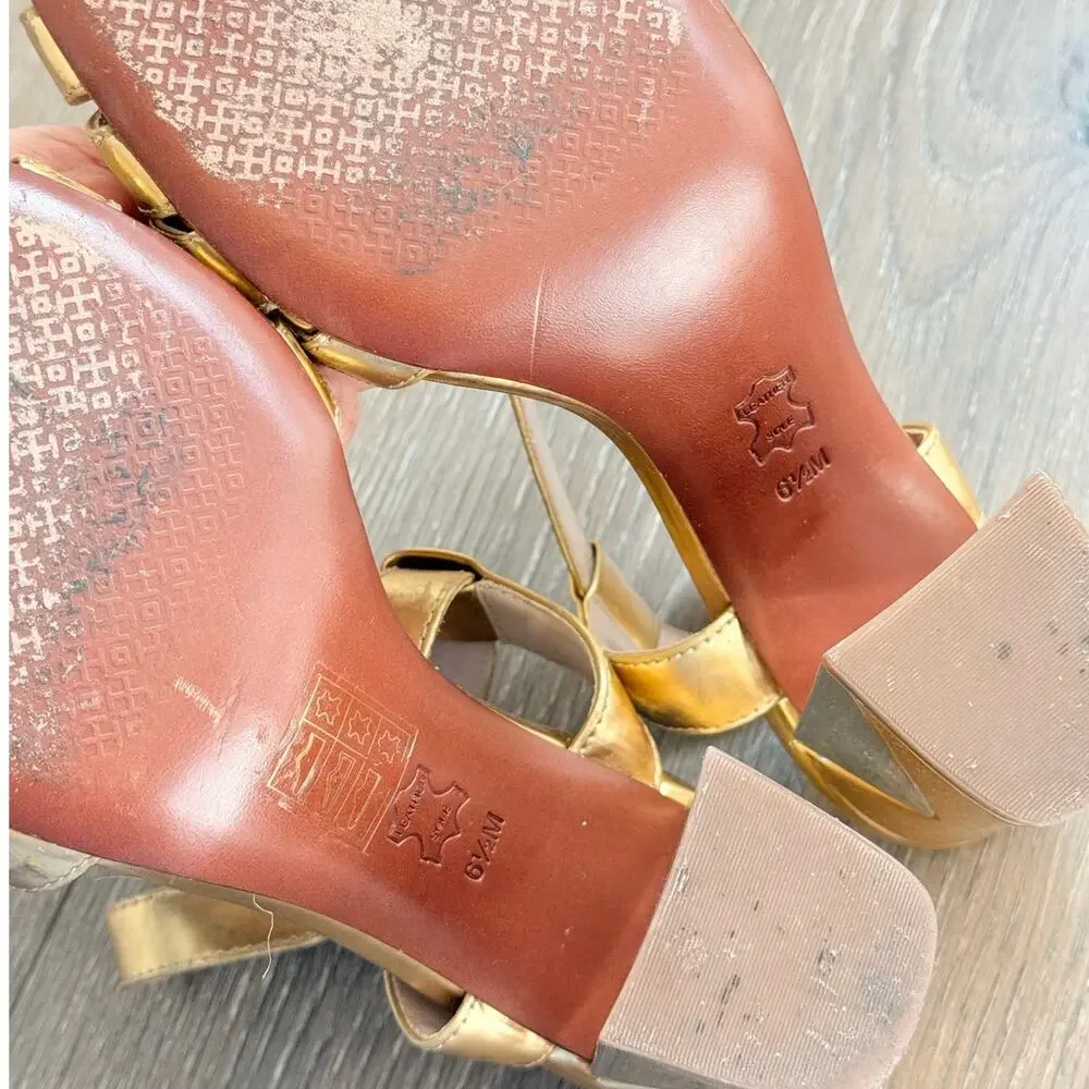 Tory Burch Metallic Gold Leather‎ Block Heel Ankle Strap Sandals 6.5M